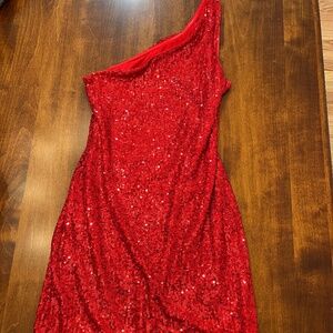 One shoulder red sequin dress